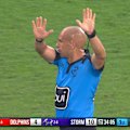 Hamiso Tabuai-Fidow hangs on to Sua Fa'alogo for too long after an intercept.