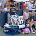 French player Terence Atmane unloads after the trainer refuses to treat him for cramp early in the fifth set.