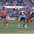 Tom Hazelton is penalised for a high shot on Sunia Turuva. 