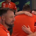 Dean Cox celebrates with his staff after booking in a preliminary final spot.