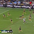 Kalyn Ponga breaks through and steps Reece Walsh cold to score a crucial New Zealand try.