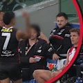 Jimmy Bartel reacts to Nasiah Wanganeen-Milera flipping the bird during St Kilda's loss to the Western Bulldogs.