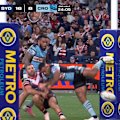 Roosters captain James Tedesco is left bleeding from his nose after a mid-air collision with Sione Katoa.