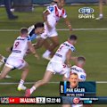 Andrew Johns reacts to a terrible missed tackle from Dragons centre Moses Suli that leads to a try.