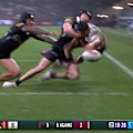 Broncos winger Josiah Karapani loses the ball over the line after a tackle from Dylan Edwards.