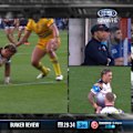 Patrick Herbert is tackled just centimetres short of the line against the Eels. 