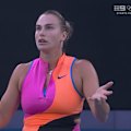 Aryna Sabalenka challenges the umpire after a hindrance call.