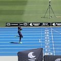 Gout Gout cruises through his heat of the under-20 100 metres at the Queensland athletics championships and celebrates with a cool gesture used in the Premier League and NBA.