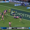 Penrith back-rower Liam Martin muscles his way over against the Eels.