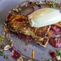 French toast dolloped with rhubarb and mascarpone.