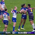 Stefano Utoikamanu and Sitili Tupouniua get in a heated scuffle in the dying moments of the Storm-Bulldogs clash.