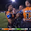 Raiders hooker Tom Starling clashes with Samuela Fainu and Sunia Turuva post-match.