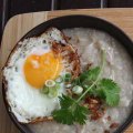The congee with chicken is an alternative to standard brunch fare.