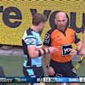 Sharks winger Sione Katoa is denied a try by Ashley Klein for a bizarre reason.