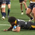 Hurricanes winger Fehi Fineanganofo completes his first half hat-trick against the Brumbies.