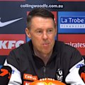 Collingwood coach Craig McRae fires up at the Adelaide Oval crowd for booing Isaac Quaynor.