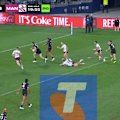 Bulldogs halfback Lachlan Galvin throws a dummy and dives over against the Sea Eagles.