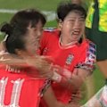 South Korea's Mun Eunju fires the ball past Mackenzie Arnold to score the first goal of the match.