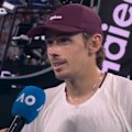 Alex de Minaur speaks to Nine's Todd Woodbridge after defeating Alexander Bublik in straight sets.