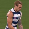 Tom Stewart kicks the seventh goal of his AFL career.