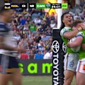 Coby Black scores his first NRL try on debut for the Raiders.