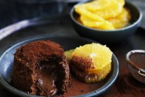 Chocolate fondant cake with Grand Marnier poached oranges.