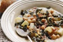 Potato soup with celeriac, chickpeas and cabbage