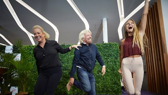 Sir Richard Branson and Samantha Armytage at Sydney's Virgin Lounge on for the world's first dedicated meditation flight on Thursday.