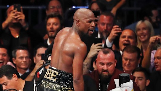 Floyd Mayweather celebrates his victory.