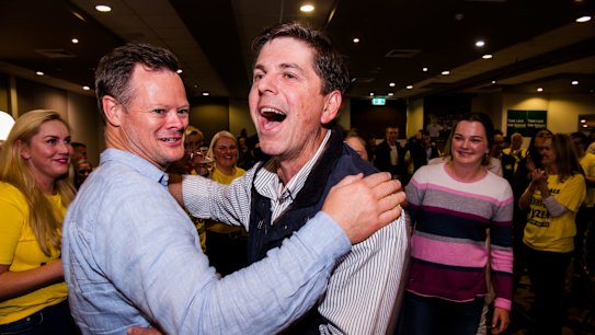 Nationals candidate David Layzell reacts after winning the seat of the Upper Hunter. 