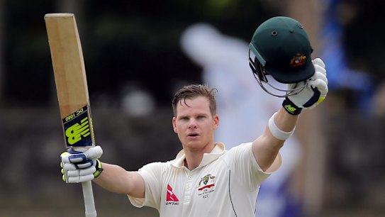 Ton up: Australia's Steve Smith celebrates scoring a century during the third day of their third Test.