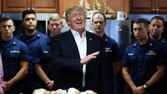 President Donald Trump speaks to members of the US Coast Guard on Thanksgiving.