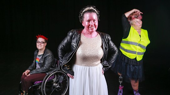  L/R Queer Crip' activist 'Jax' Jacki Brown, 'Appearance activist' Carly Findlay and Kath Duncan pose for a photo on June 9, 2017 in Melbourne, Australia. The pair, who are part of The Quippings: Disability Unleashed performance troupe, are performing in a new production called Love Show as part of the Emerging Writers Festival. 