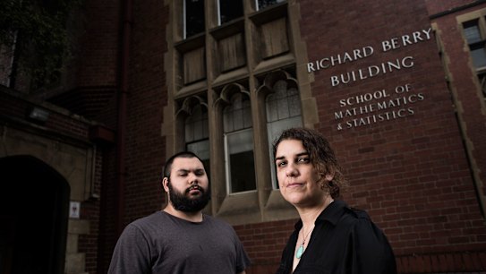 MELBOURNE, AUSTRALIA - NOVEMBER 06:  Odette Kelada (R) and Tyson Holloway-Clarke pose for a photo at the Richard Berry building at the University of Melbourne on November 6, 2015 in Melbourne, Australia. The university  (Photo by Josh Robenstone/Fairfax Media)