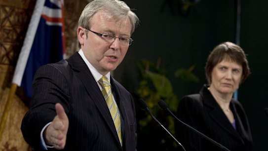 Helen Clark, New Zealand's then-prime minister, right, looks on at Kevin Rudd in 2008.