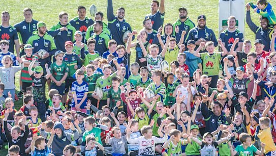 The Raiders NRL Squad take part in the 2018 Play NRL School Holiday Clinic at Raiders headquaters in Bruce. 