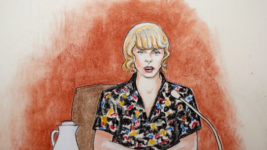 In this courtroom sketch, pop singer Taylor Swift testifies with clarity, strength and resistance.
