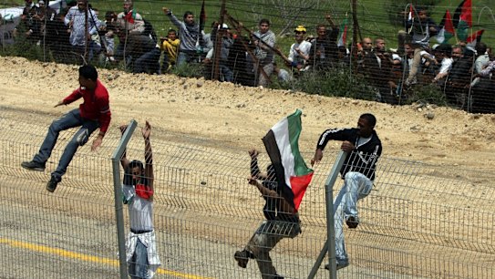 Palestinian protesters at the Israel-Syria border in May 2011. Several were killed when Israeli soldiers opened fire.