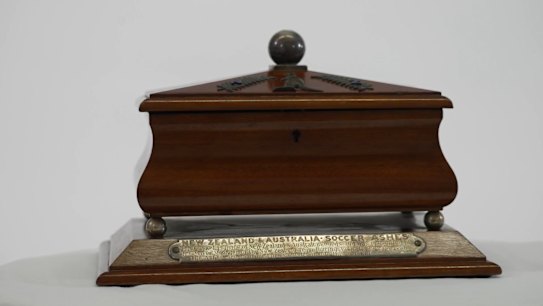 The Anzac Soccer Ashes, which has been missing since 1954, has been found.