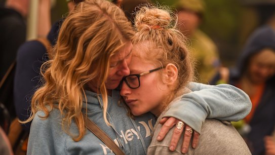 Mallacoota Evacuations of people stranded after the bushfires that ravaged the town on December 30 2019. Evacuated by army personnel to the HMAS Choules Friday 3rd January 2020.