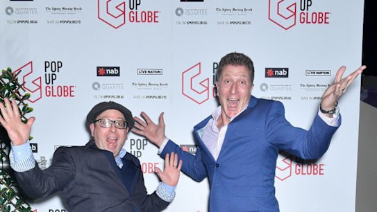 Dr Miles Gregory, Pop-up Globe founder, and Simon Pryce, Red Wiggle, on the red carpet for the opening night of the Pop Up Globe showing A Midsummer Night's Dream at the Entertainment Quarter on Wednesday, September 5, 2018.