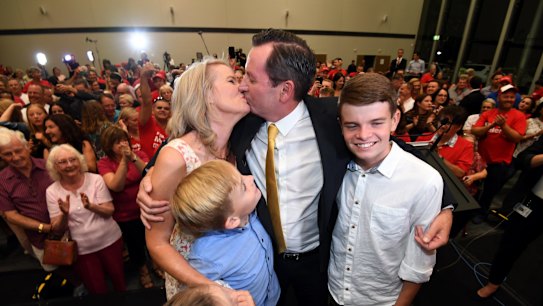 The McGowans savour the moment after Mr McGowan delivered his victory speech on Saturday night.