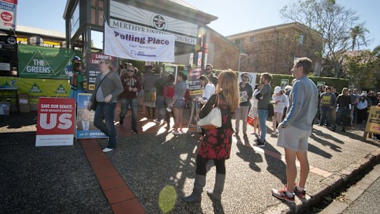 Crowds lined up early to vote at Merthyr Uniting Church.