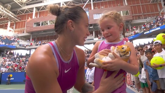 Tennis star Aryna Sabalenka meets her 'mini me' at the US Open in an adorable moment.