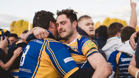 Canberra Raiders Cup First Grade Grand Final: Woden Valley Rams vs Tuggeranong Bushrangers.
Woden Valley Rams celebrate their win.
Photo: Jamila Toderas