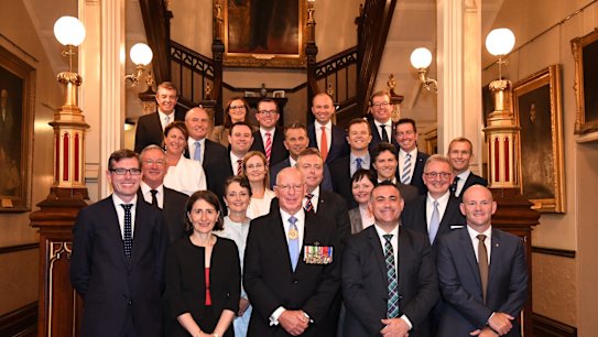 NSW Premier Gladys Berejiklian with National Deputy Premier John Barilaro at NSW Government House for the swearing in of their new Minister by the Governor, David Hurley.