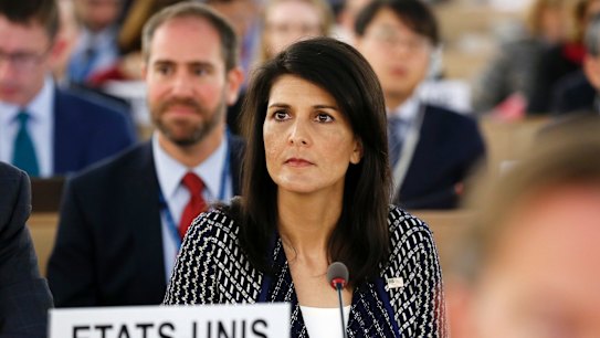 United States permanent Representative to the United Nations Ambassador Nikki Haley waits before delivering a speech about the current humanitarian situation in the world, during the opening of the 35th session of the Human Rights Council, at the European headquarters of the United Nations in Geneva, Switzerland, Tuesday, June 6, 2017. (Magali Girardin/Keystone via AP)