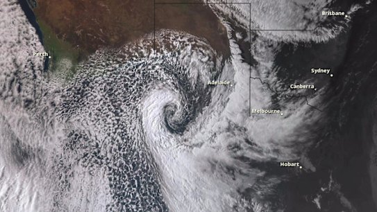 A Himawari-8 satellite image showing the storm near South Australia on Wednesday.