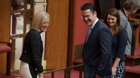Katy Gallagher and Zed Seselja at Parliament House when Ms Gallagher was sworn in as a new Senator for the ACT.