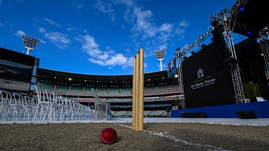 Pitch, wickets and a cricket ball. State Memorial Service for  Shane Warne at the Melbourne Cricket Ground 30th March 2022.